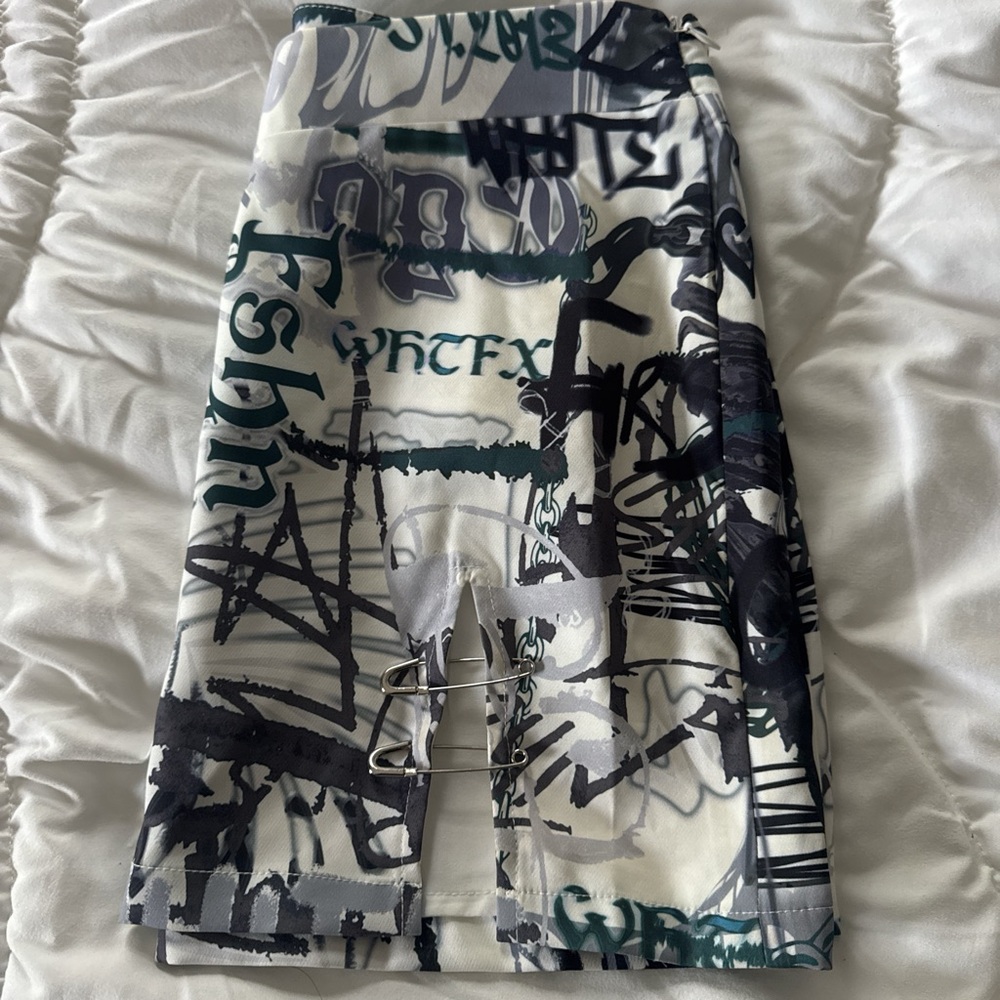 Graphic Print Skirt with Safety Pin Detail